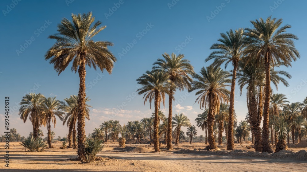 Sunlit Palm Tree Grove in Desert Landscape Sunlit Palm Tree Grove in Desert Landscape