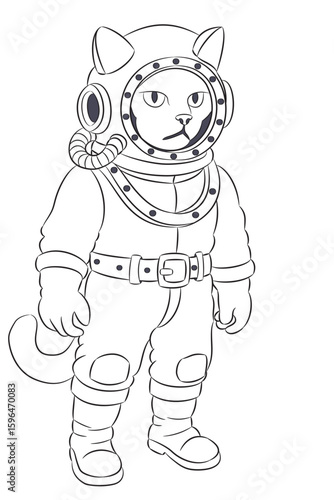 Cat in diving suit black and white vector illustration