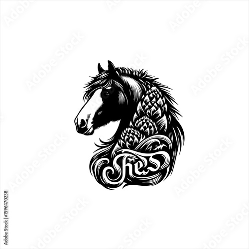 Majestic Horse Head with Floral and Textual Elements.