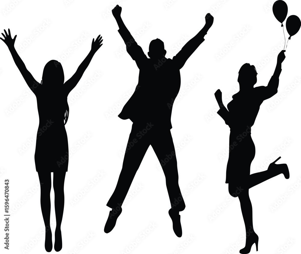 Fototapeta premium Silhouettes of People Jumping and Celebrating with Raised Hands and Balloons