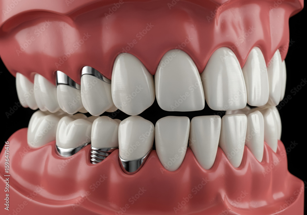 Obraz premium Closeup of a human mouth with dental implants and crowns