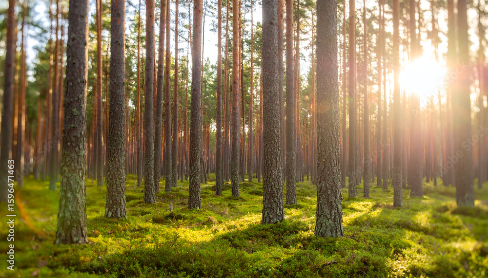 Obraz premium Golden sunlight filtering through dense forest trees.