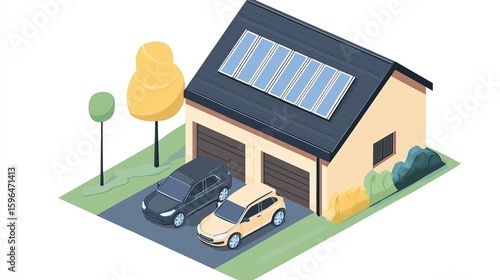 Isometric illustration of a suburban house with solar panels, double garage, and two cars parked in the driveway, surrounded by landscaping