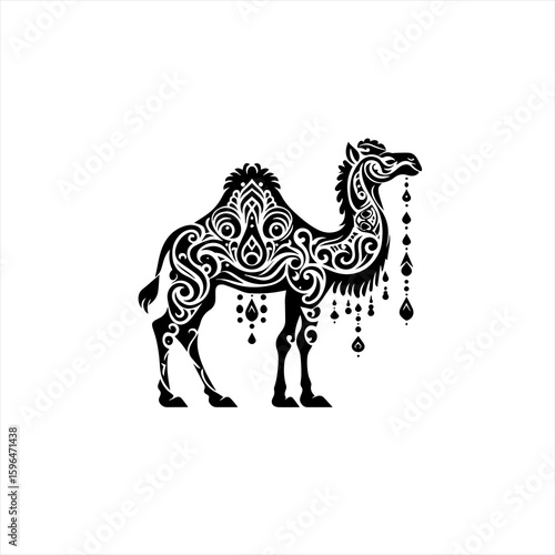 Ornate Black Camel Silhouette with Decorative Patterns.