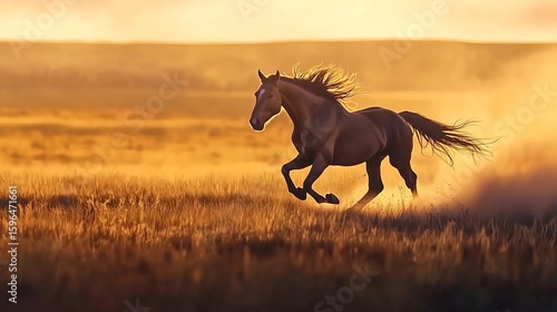 A horse is running through a field of tall grass