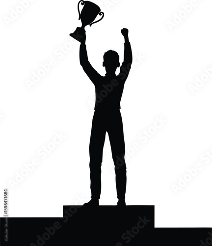Silhouette of a Winner Holding Up a Trophy on a Podium