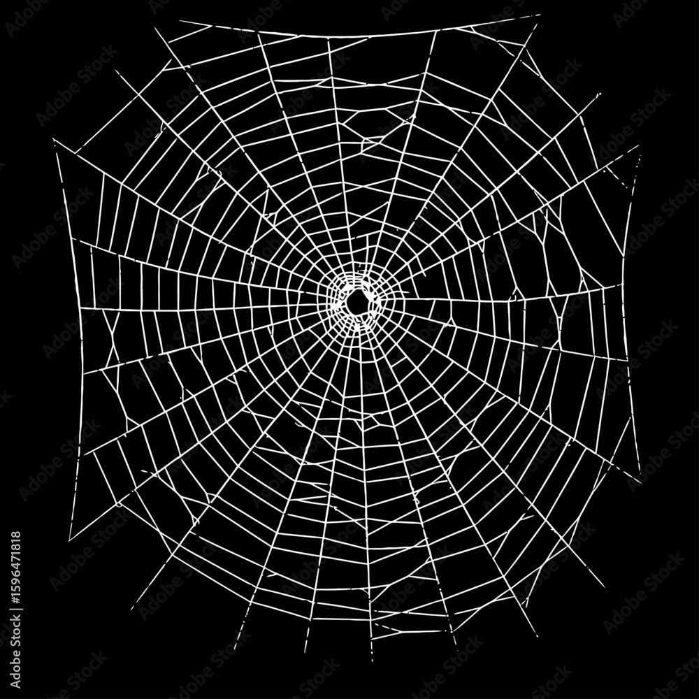 Obraz premium White spider web Vector illustration centered on a solid black background. Ideal for Halloween themes, spooky decorations, horror graphics, or nature-related designs with a dark tone.