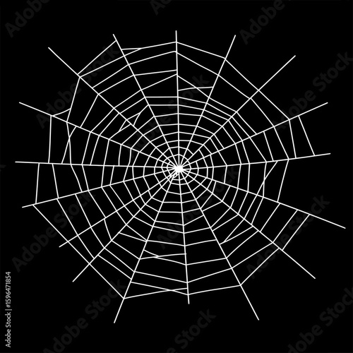 White spider web Vector illustration centered on a solid black background. Ideal for Halloween themes, spooky decorations, horror graphics, or nature-related designs with a dark tone.