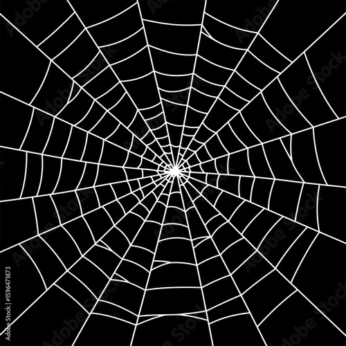 White spider web Vector illustration centered on a solid black background. Ideal for Halloween themes, spooky decorations, horror graphics, or nature-related designs with a dark tone.