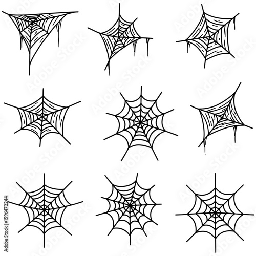 Set of Spider Web Vector Silhouettes on White Background