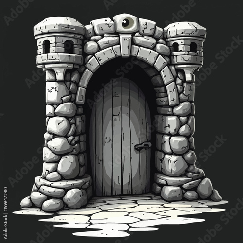 A stylized stone castle entrance with a wooden door and turrets.