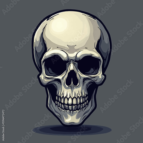 Detailed illustration of a human skull with visible teeth, set against a dark gray background.