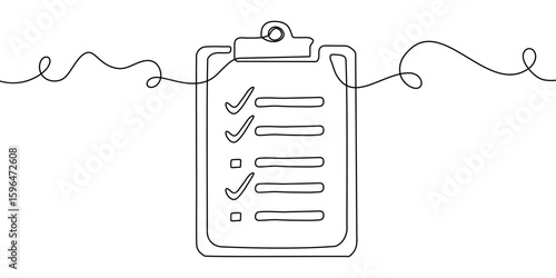One art line continuous icon document list illustration single check clipboard. Line one art survey data checklist test pen paper vector business report doodle notebook agenda sketch board form.
