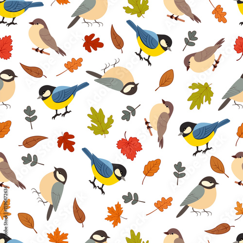 Seamless autumn pattern with colorful birds and fall leaves on a white background. Includes great tits and sparrows among red, orange, green, and brown leaves. Cheerful and nature-inspired design.