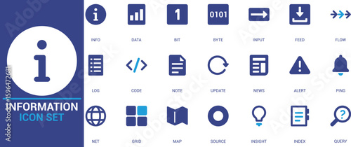 Minimal vector icon set for data, info, alerts, updates, news, source, code, index, and flow. Perfect for dashboards, UI design, and digital communication.

