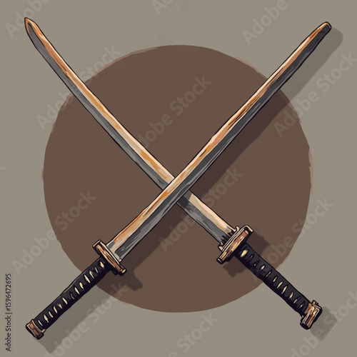 Two crossed Japanese swords, depicted in a stylized illustration, showcasing their traditional design elements.
