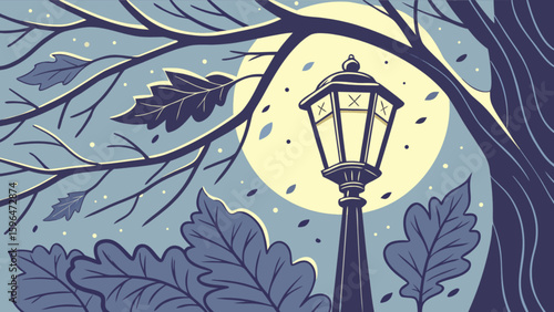 Vintage street lamp in moonlight scene with leaves and branches vector illustration design concept art