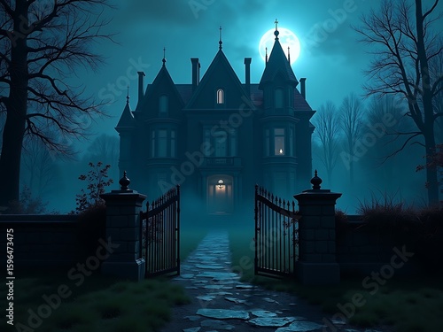 Eerie Victorian Mansion with Lantern-Lit Gate and Misty Forest Surroundings