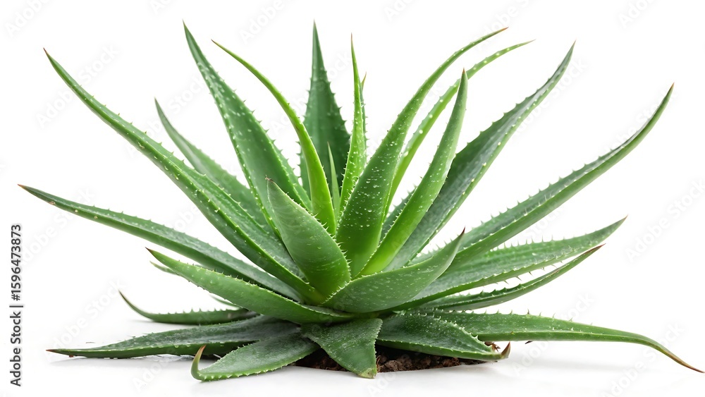 A vibrant green aloe vera plant with thick fleshy leaves and spiky edges on a white background A vibrant green aloe vera plant with thick fleshy leaves and spiky edges on a white background