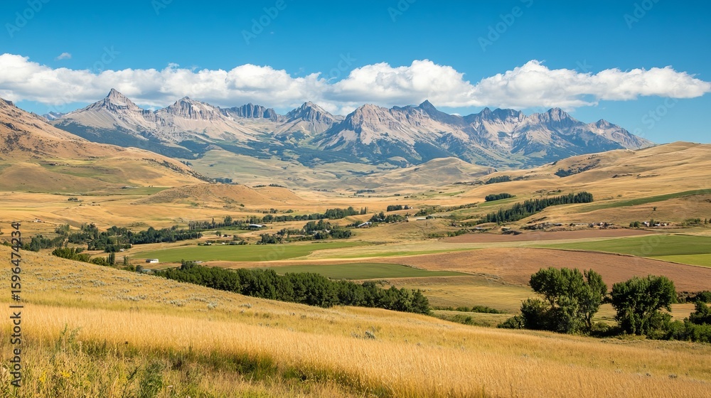 Panoramic view of a valley nestled between majestic mountains under a vibrant blue sky, showcasing rolling hills, farmland, and scattered vegetation Panoramic view of a valley nestled between majestic mountains under a vibrant blue sky, showcasing rolling hills, farmland, and scattered vegetation