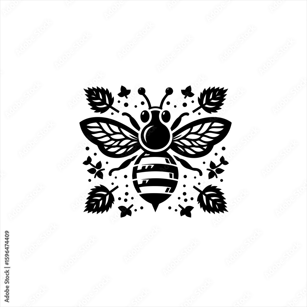 Stylized Black and White Bee with Leaves. Stylized Black and White Bee with Leaves.