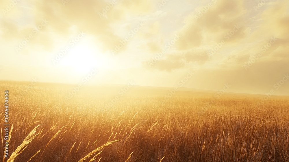 Fototapeta premium Golden hour illuminates a vast, tranquil field of tall grasses under a partly cloudy sunset sky
