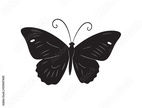 Flat vector silhouette of a flying butterfly with curved antennae and symmetrical wings