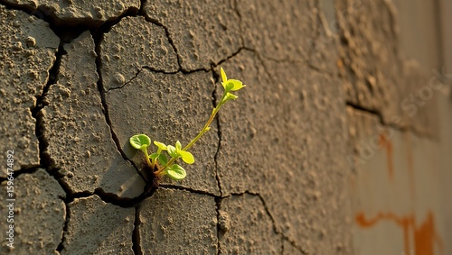 A small green plant growing out of a cracked concrete wall in the sunlight showing resilience and hope