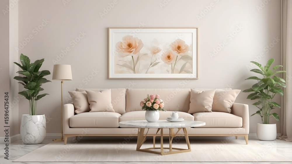 Naklejka premium Cozy, minimalist living room with wood, neutral tones and large windows, 3d rendering image.