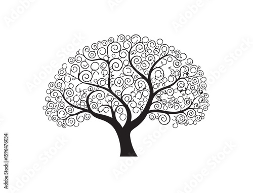 Silhouette of a tree made of spirals and swirls instead of leaves, abstract black vector