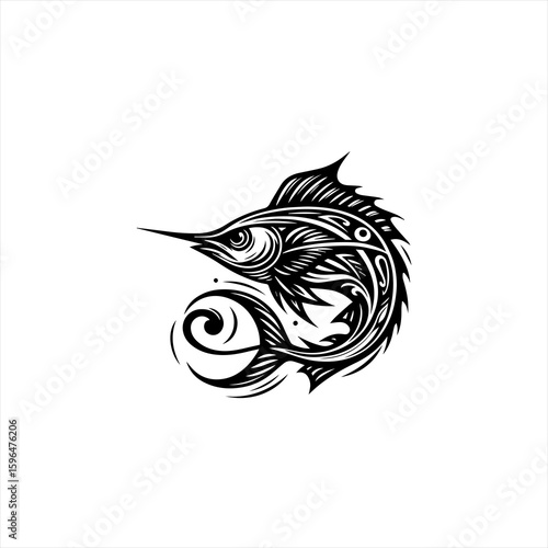 Stylized Black and White Marlin Fish Illustration.