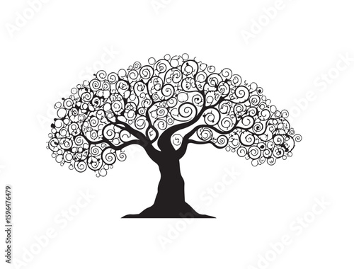  Silhouette of a tree made of spirals and swirls instead of leaves, abstract black vector