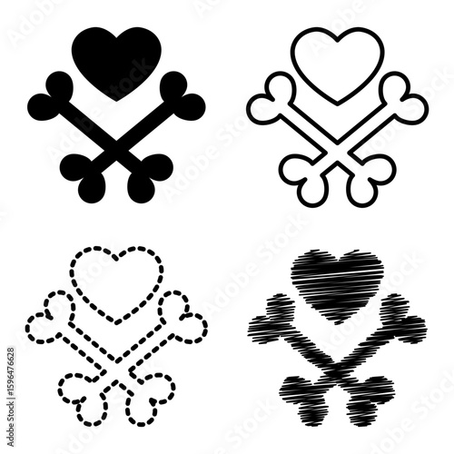 Set of heart and crossbones. Black and white image. For design of valentines, cards, stickers, prints, posters, tattoos, etc. Vector