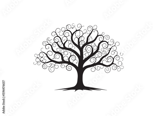  Silhouette of a tree made of spirals and swirls instead of leaves, abstract black vector