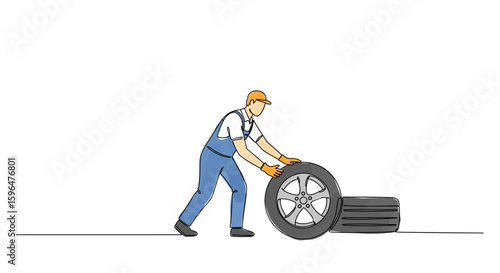 Modern illustration auto mechanic rolling tire in workshop — one line doodle drawing with watercolor fill, minimalistic vector on white background
