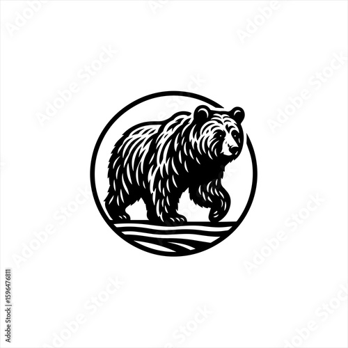 Stylized Black Bear Walking in Circle Emblem.