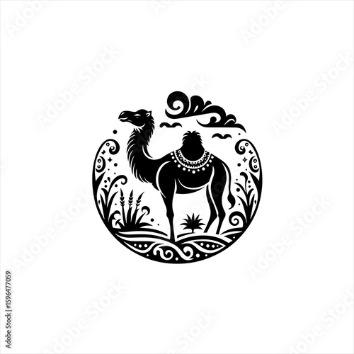 Stylized Black Camel Silhouette in Decorative Circle.