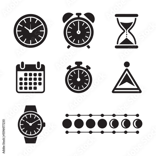 Collection of various timekeeping icons including clocks, calendar, hourglass, stopwatch, and moon phases