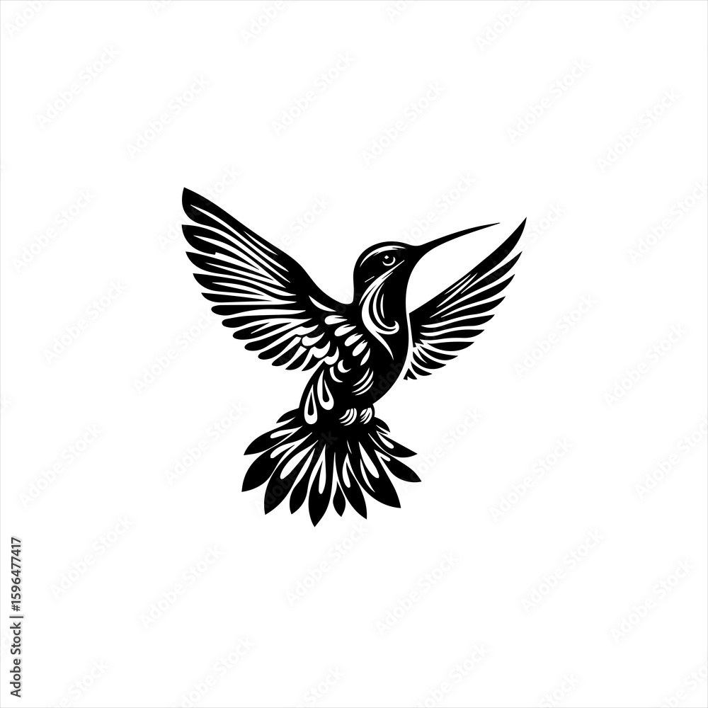 Stylized Black Hummingbird in Flight Silhouette. Stylized Black Hummingbird in Flight Silhouette.