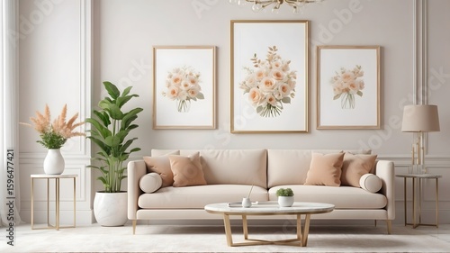 Bohemian living room interior. Living room with a sofa and picture frames bathed in warm sunlight- 3D rendering
