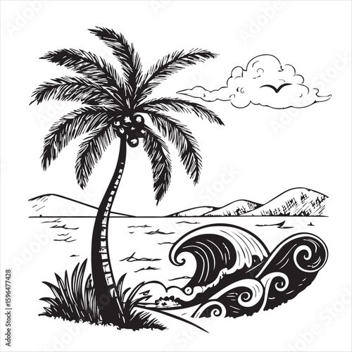 tropic style vacation hand drawn sun and waves