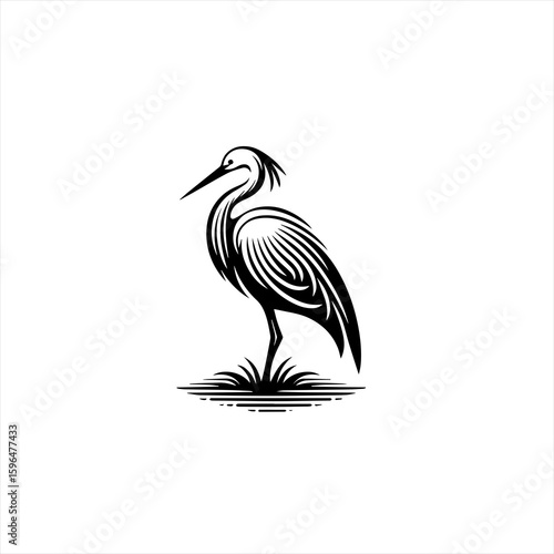 Stylized Black Heron Bird Silhouette Logo.