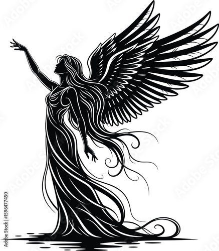 Mystical angel with large wings and flowing robes reaching upward