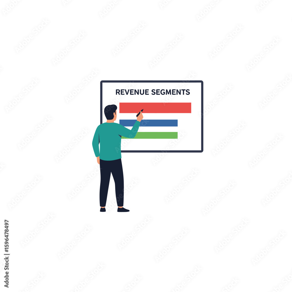 Business Professional Presenting Revenue Segments on Whiteboard, Analyzing Financial Data and Strategic Performance Business Professional Presenting Revenue Segments on Whiteboard, Analyzing Financial Data and Strategic Performance
