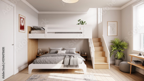 A modern minimalist loft bedroom with a white and natural wood bunk bed setup.