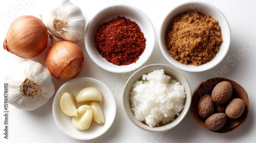 Overhead View of Various Cooking Ingredients including Garlic, Onion, Rice, and Spices in Bowls