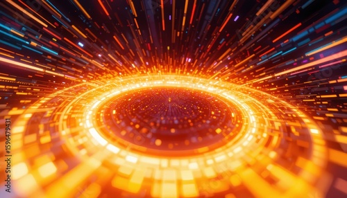 Abstract Energy Pulse: A vibrant, abstract image of an energy pulse erupting outward, visualized through concentric circles of radiant light and dynamic lines.