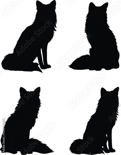 Four black silhouettes of sitting foxes on a white background