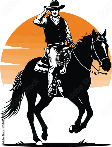 Silhouette of a cowboy on horseback against a setting sun