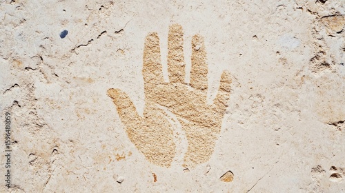 Handprint carved in sandy ground at a desert location symbolizing leaving a lasting mark or impression